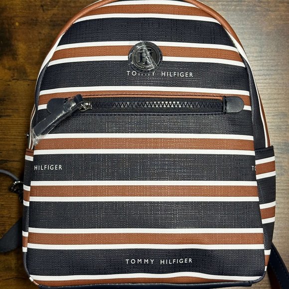 Tommy Hilfiger Striped Backpack Shoulder Bag Cognac Blue White Travel Bookbag - Picture 1 of 4